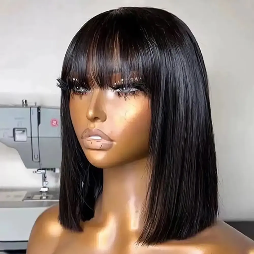 CORIIANA Straight Short Bob Wig With Bangs Brazilian Glueless Wigs Human Hair Wear & Go For Black Women Beginner Friendly 200%