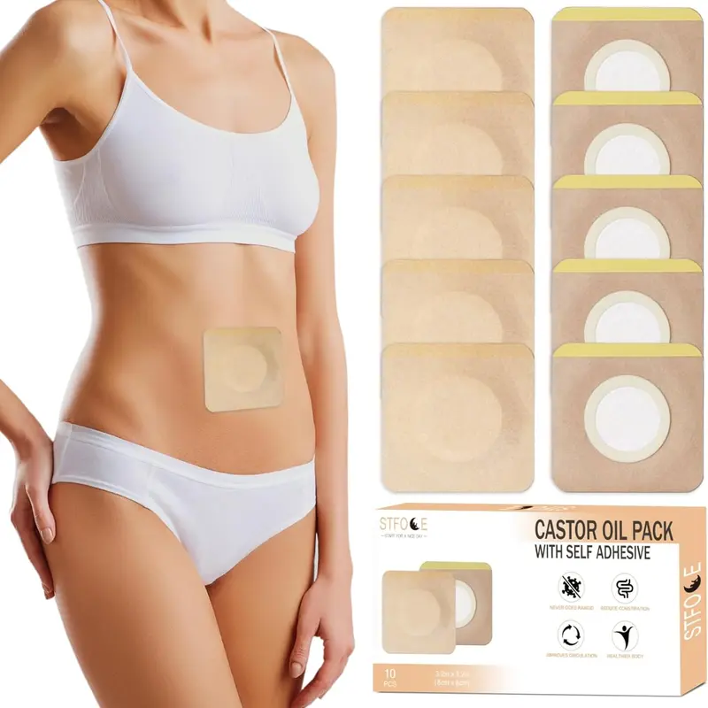 Disposable Organic Castor Oil Pack Wrap for Belly Button - Cotton Body Care Wrap, Self-Adhesive, Highly Absorbent, Anti-Leakage, No-Wash, Portable, Wear Secure for Yoga, Walking (Oil Not Included)