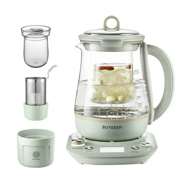 BUYDEEM Health Pot 1.5L Fast Boil 15 Min, 1000W Electric Kettle with Tea Infuser, Timer & Preset, "Shanshan Green" KE5B08P0, 120V