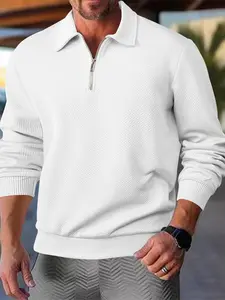Men's Casual High-Quality Jacquard Knit Fitted Long Sleeve Sweatshirt, Knitwear, Quarter Zip Design, Simple Solid Color, Comfortable Daily Wear, Multiple Sizes