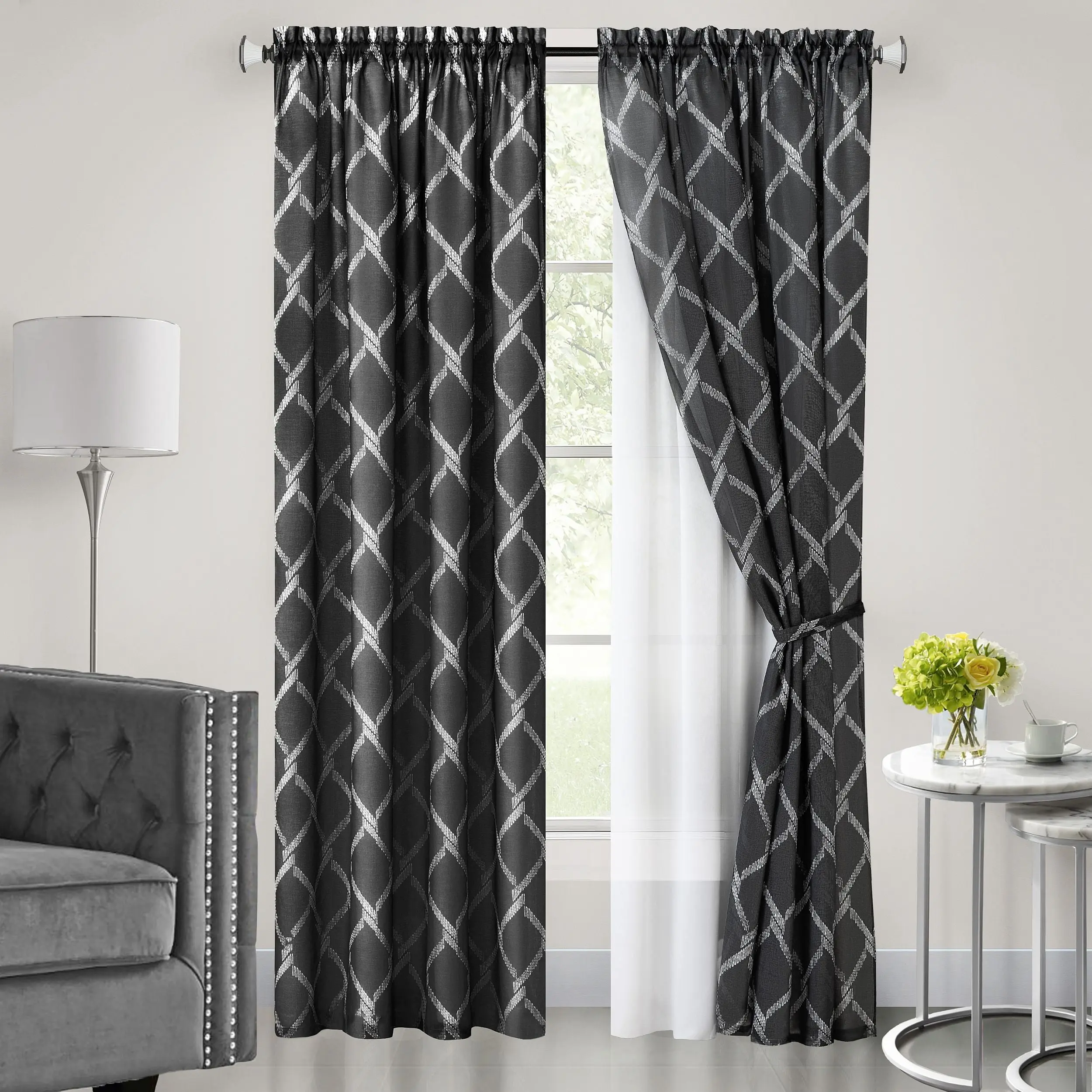 Achim BMPN63BK06 Double-Layered Chain-Link Curtain Panel, 52x63 in. Bombay Rod Pocket, Light Filtering, Machine Washable for Traditional Home Decor, Black