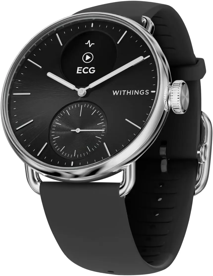 WITHINGS ScanWatch 2 - Hybrid Smart Watch, Heart Rate Monitoring, Fitness Tracker, Cycle Tracker, Sleep Monitoring, GPS Tracker, 30-Day Battery Life, Android & Apple Compatible, HSA/FSA, Black & Silver, 38mm