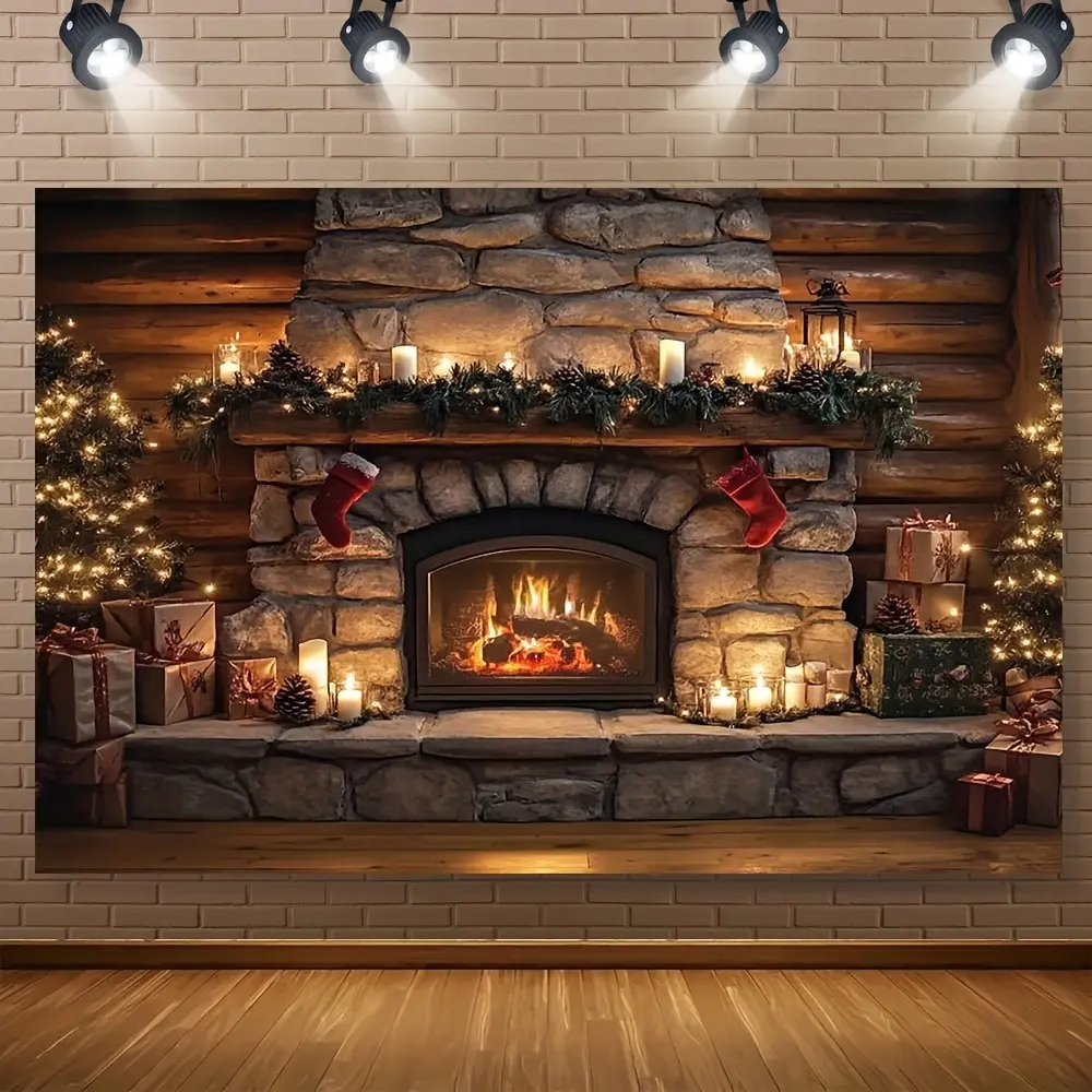 Christmas Stone Fireplace Photo Backdrop Banner, Vibrant Cozy Polyester Fabric with Glowing Embers Warm Light, Lightweight Durable for Lightweight Setup, Wedding, Anniversary Festive Home Decor