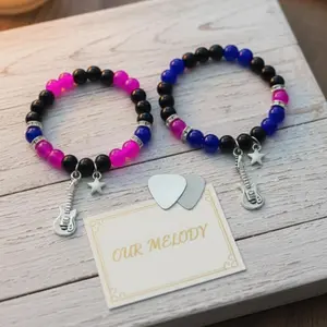 Couple with Guitar Star Pendant Bracelet, Trend Rock Style Beaded Bracelet, Suitable for Lovers To Wear Men's and Women's Daily Wear Jewelry Valentine's Day Gift