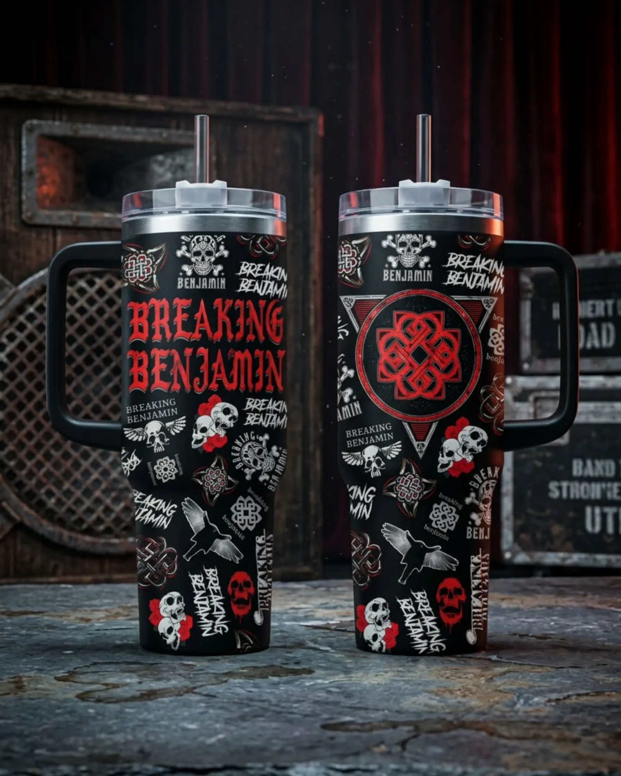 Red Black Alternative Rock Tumbler, Gothic Skull Music Fan Insulated Cup with Handle, 30oz 40oz, No Straw Included