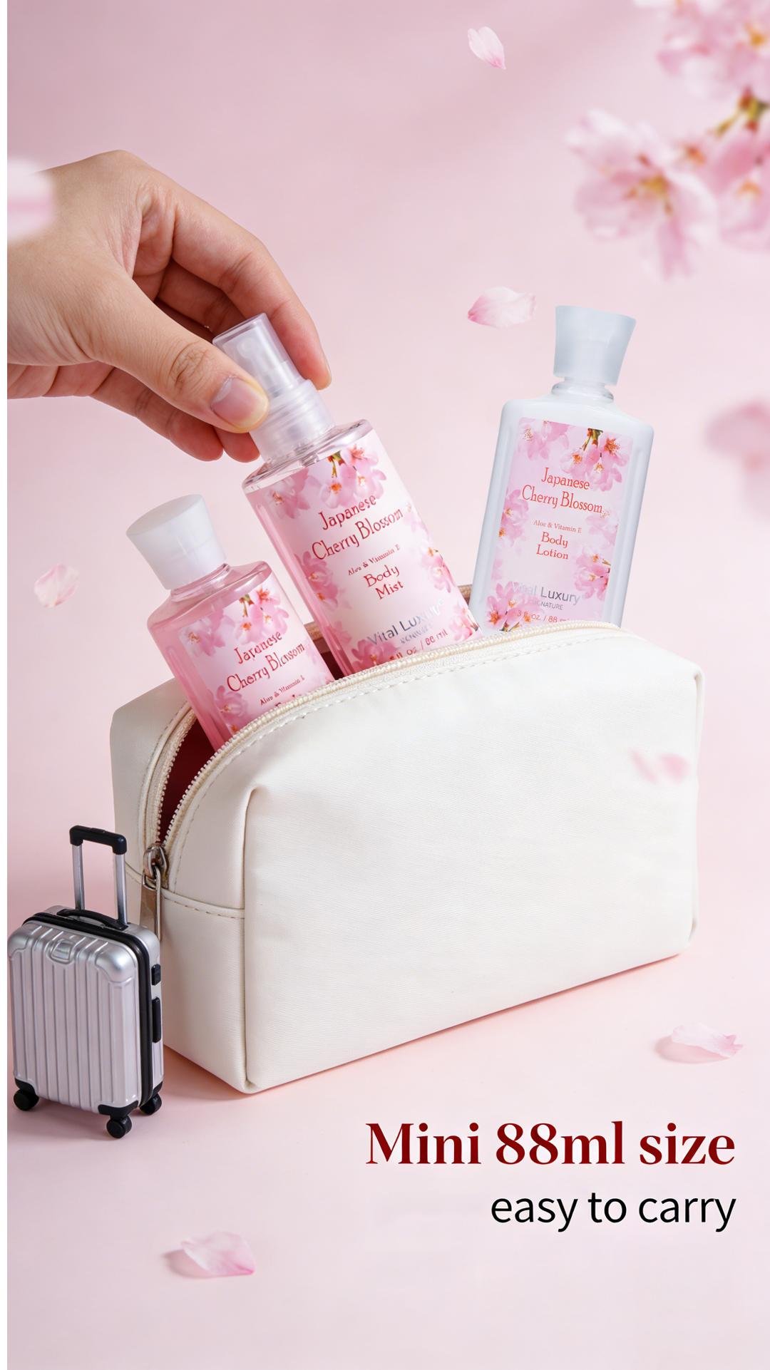 Japanese Cherry Blossom Bath & Body Travel Set – 3oz Shower Gel, 3oz Body Lotion, 3oz Body Mist & 2.5oz Bath Salts | Silky Lather, All-Day Fresh Scent, Moisturizing & Revitalizing | Ideal Gift for Mom, Wife, Sister & Girlfriend