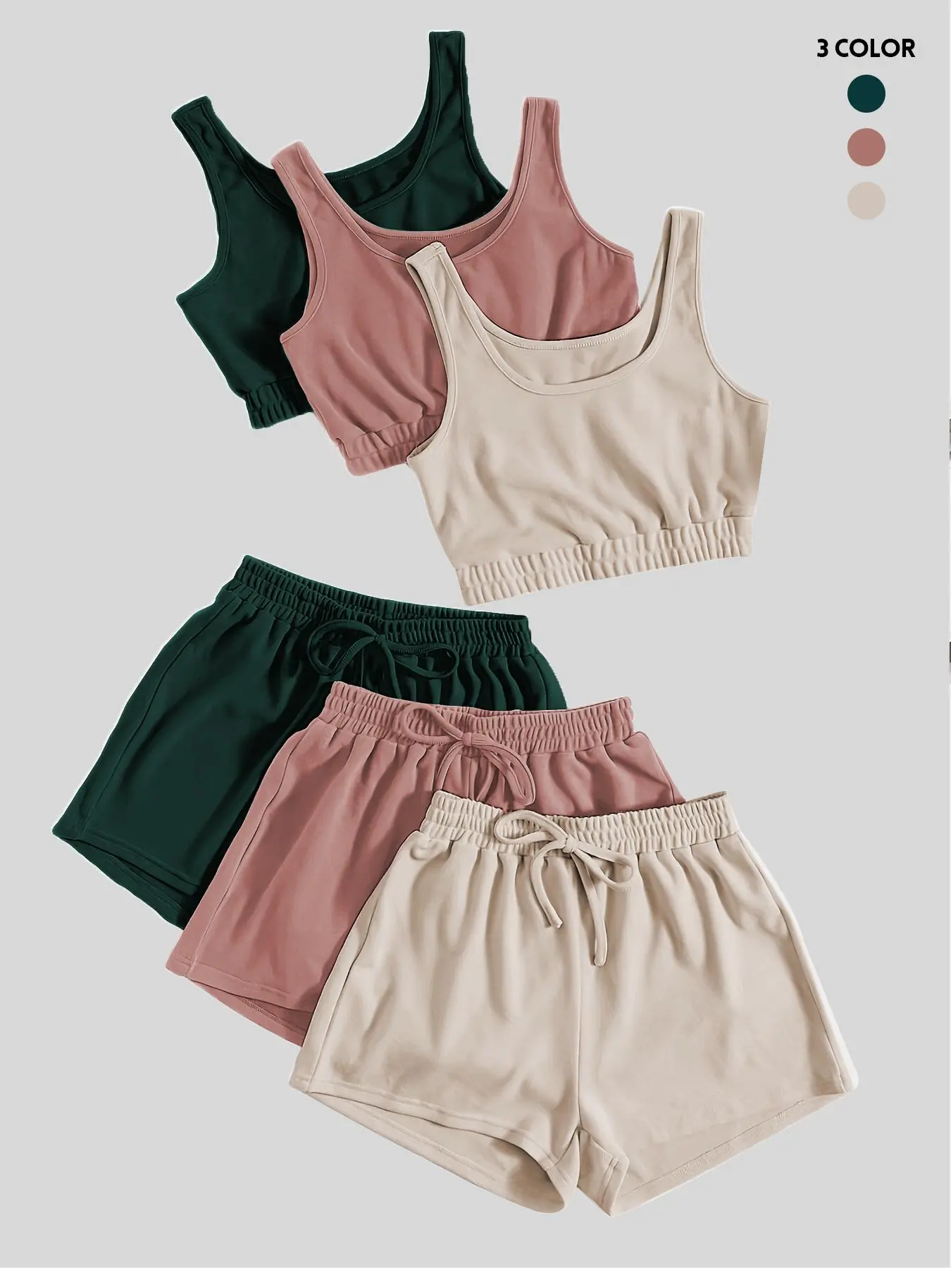 Women's Solid Summer Co-ord Set, Casual Style, Scoop Neck Sleeveless Fitted Crop Tank Top & Elastic Drawstring Adjustable Shorts Set, Back To School Summer Outfits for Daily Wear, Sweatsuit Set Outfit, Womenswear, Stretchy Clothes, Piece, Shortie Set