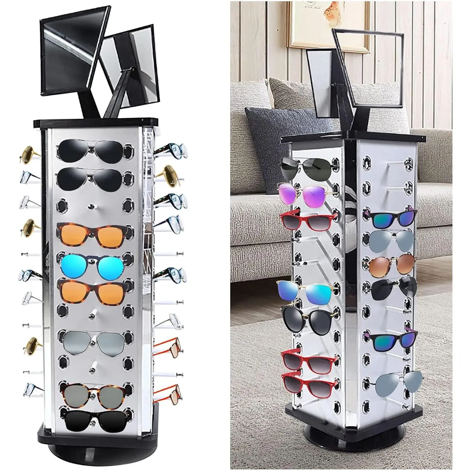 44 Pairs Sunglasses Organizer Holder Glasses Display Stand Sunglass Rack Holder W/ Mirror, 360° Rotating Hanging Hook Display Stands Carousel Holder for Home, Glasses Shop , Exhibition Display Hangable