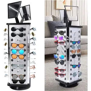 44 Pairs Sunglasses Organizer Holder Glasses Display Stand Sunglass Rack Holder W/ Mirror, 360° Rotating Hanging Hook Display Stands Carousel Holder for Home, Glasses Shop , Exhibition Display Hangable