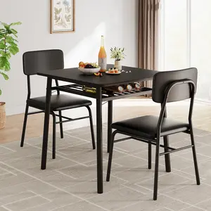 3-Piece 2 Person Dining Table Set, Modern Square Dining Table with Bottom Storage Rack, Soft Upholstered Chairs with Sturdy Metal Frame, Space Saving Dining Furniture for Small Apartment Home, Black Gray Brown Optional