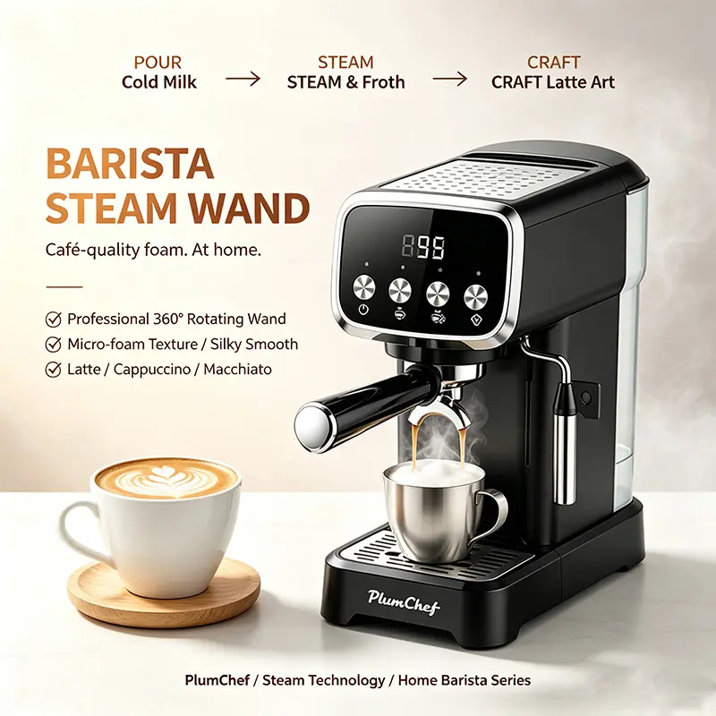 Plum Chef Retro Slim Espresso Machine 20Bar Coffee Maker with Steam Milk Frother Wand,Compact Small Coffee Machine for Home Kitchen Countertop,Single Double Shot Cappuccino Latte Maker,LED Display,Easy to Use,Gift for Coffee Lovers