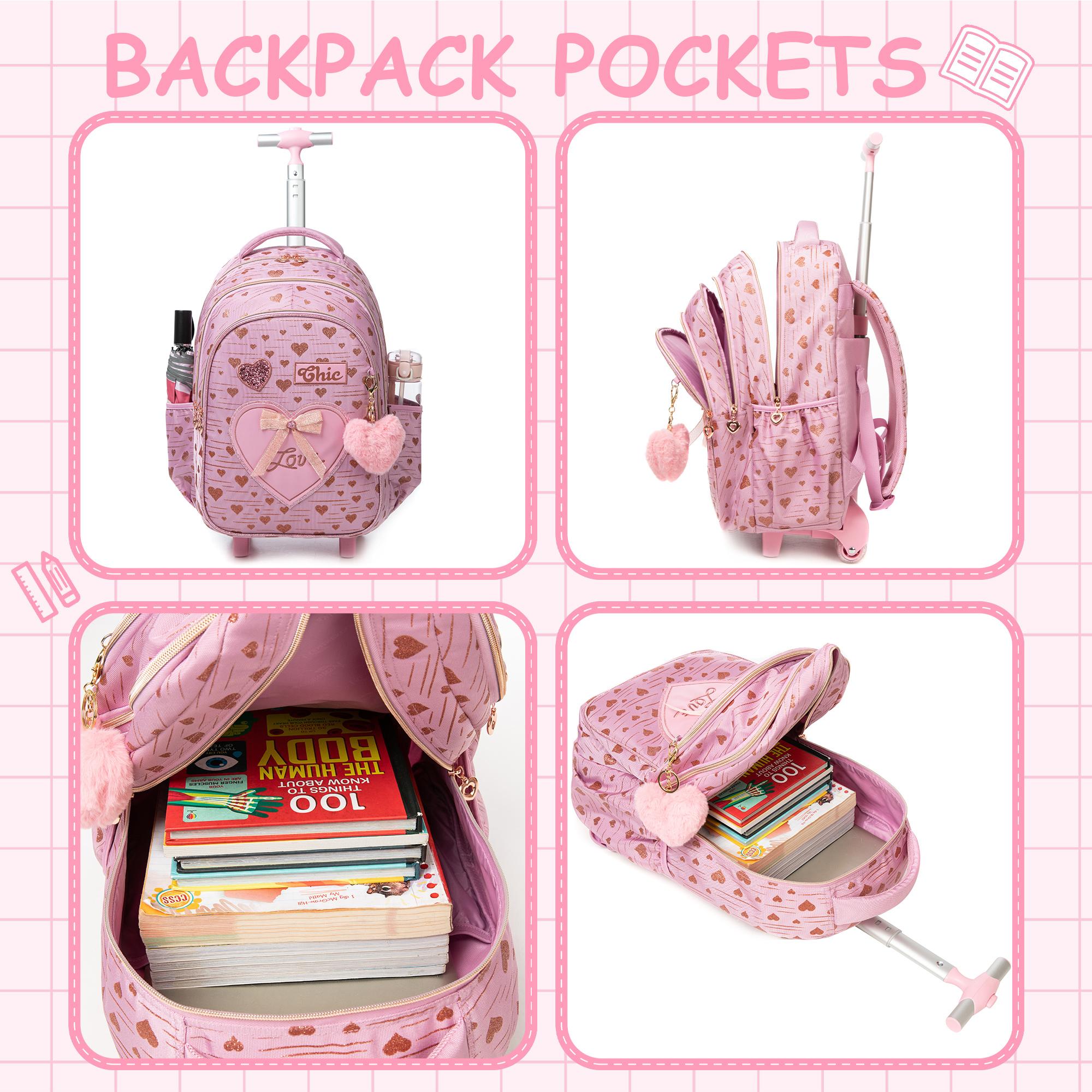 Chic Pink Heart Rolling Backpack 3-in-1 Set | Cute Glitter Bow Girls School Bag with Wheels, Insulated Lunch Tote & Pencil Pouch | Magical Wheeled Bookbag Gift for Kids