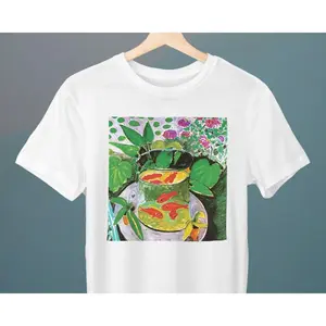 Men's fine art, painting, goldfish Graphic T-Shirt - Short Sleeve Crew Neck Regular Fit Casual Wear | Soft & Breathable Fabric, Durable Print, Everyday Comfort, Machine Washable, artistic, impressionistic a painted scene of goldfish in a bowl surrounded