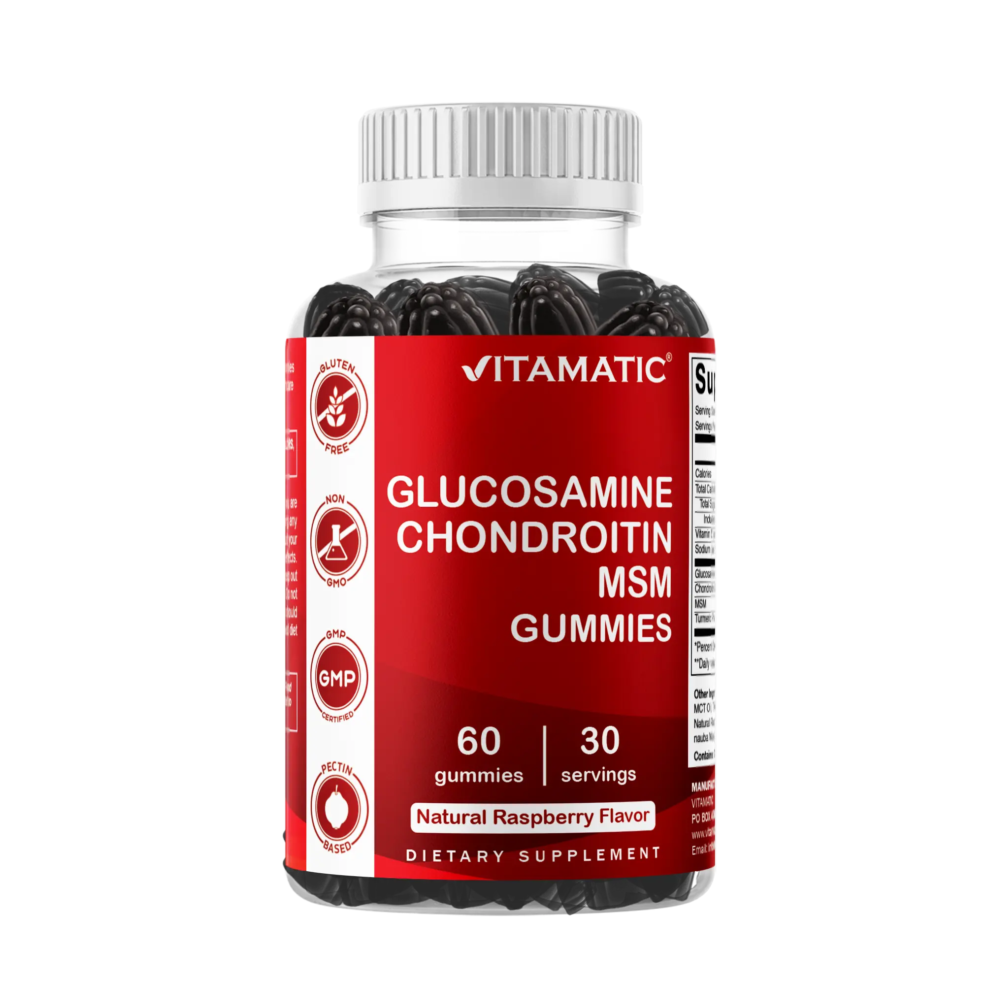 Vitamatic Chewable Glucosamine Chondroitin MSM Dietary Gummies - Natural Raspberry Flavor, 60 Pieces, Non-GMO, Gluten Free, Pectin-Based, Gelatin-Free, Joint Support Supplement for Adults with Anti-Inflammatory Properties & Joint Relief, Fda Registered, B