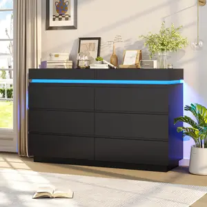 SIKAIC 6-Drawer Modern Dresser - Wide Chest of Drawers with Sliding Desktop, Charging Station, LED Lights, Multifunctional Storage Cabinet for Bedroom, Modern Dressers