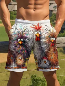 Men's Casual American Style Tropical Beach Bermuda Shorts with Hand-Painted Chick Design Graphics, 3D Print and Quick-Dry Fabric, Fashionable Fitted Style for Summer Wear, Chicken