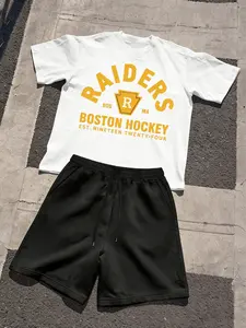 1 Men's 2-Piece Casual Set, White "Raiders Boston Hockey" Oversized Tee & Black Shorts, Vintage Sports Design, Ideal for Daily & Outdoor Outfits