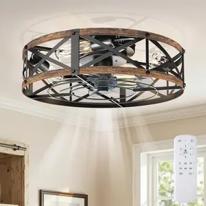 19"/22" Farmhouse Caged Ceiling Fan with Lights, Flush Mount Ceiling Fan with Remote & Timer, Quiet Enclosed Fan for Bedroom, Kitchen, Living Room