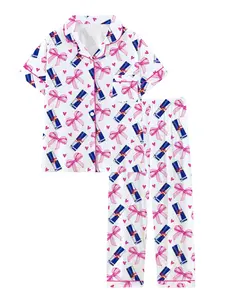 Teen Girls Soda Drink Bull Hooded Short Sleeve Long Pants Pajama Set, Ribbon Pajamas, Comfortable Sleepwear, All Seasons, Cute Gift
