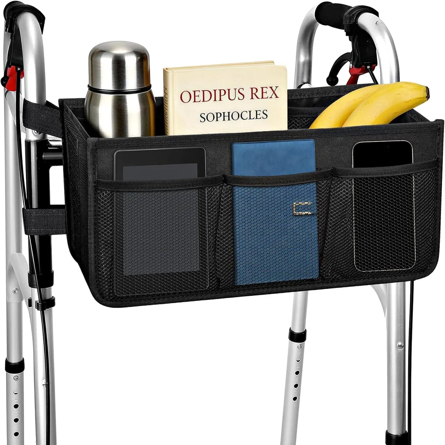 Dotday Upgraded Walker Storage Basket with Cup Holder, Foldable Large-Capacity Walker Bag with Pockets, Non-Tipping Home Organizer for Daily Use, Fits Not Rollators, Ideal Gift for Storing Notebook & Smartphone, Oxford Fabric, Baskets For Organizing, Mult