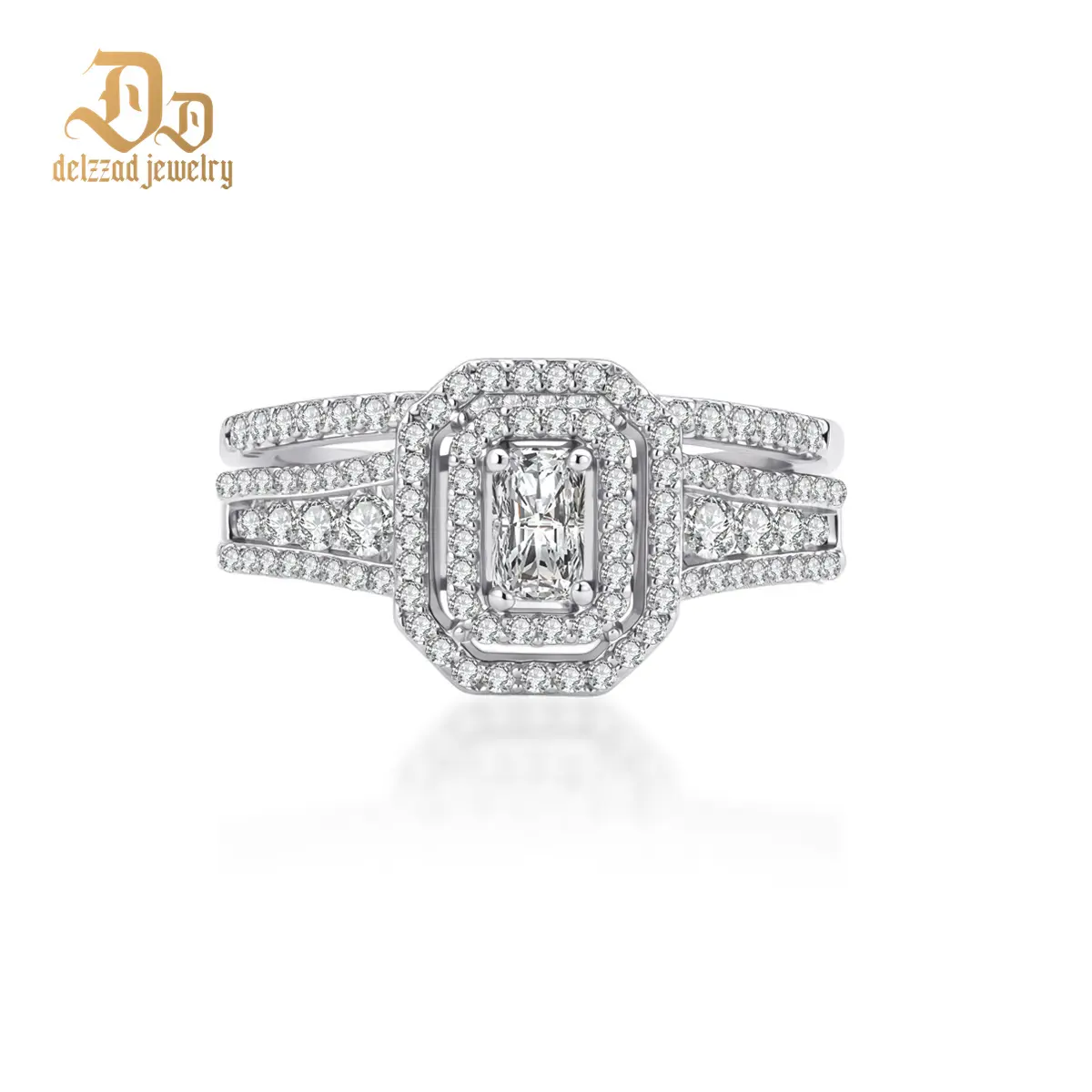 DELZZAD 14K Gold-Plated 1.3ct Imperial Halo Band Double Halo Engagement Ring Luminous Theater Ring Heirloom Wedding Ring VVS Synthetic Moissanite Ring Jewelry Copper Band Perfect Birthday Engagement Wedding Anniversary Christmas Valentine's Day Mother's D