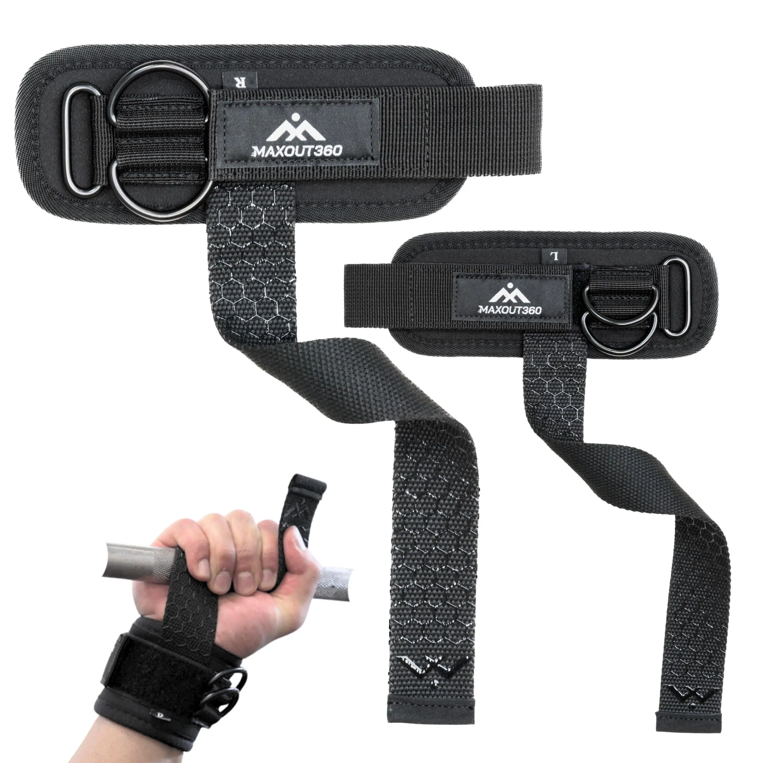 MaxOut360 Weight Lifting Straps with D Rings & Wrist Support, Cotton Wrist Straps for Weightlifting, Padded Lifting Straps with Enhanced Grip for Gym Workouts, Black