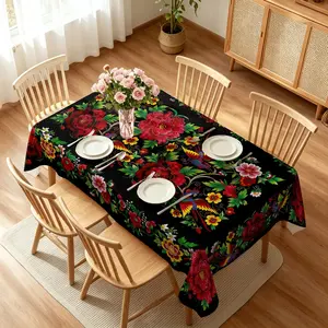 Tablecloth 1PC Vibrant Floral Folk Art Tablecloth, Mexican Style Red Flower & Colorful Bird Print on Black Background, Indoor Outdoor Dining Cover, Machine Washable, Square/Rectangular, Multiple Sizes Available