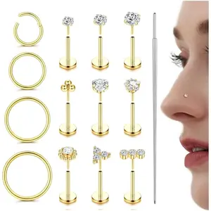Milacolato 14 Karat Plated Gold Filled Nose Piercing Jewelry - 316L Surgical Steel CZ Threadless Unisex Studs, Push-in Flat Back for Nostril, Cartilage Helix Piercing, Daily Wear summerwins