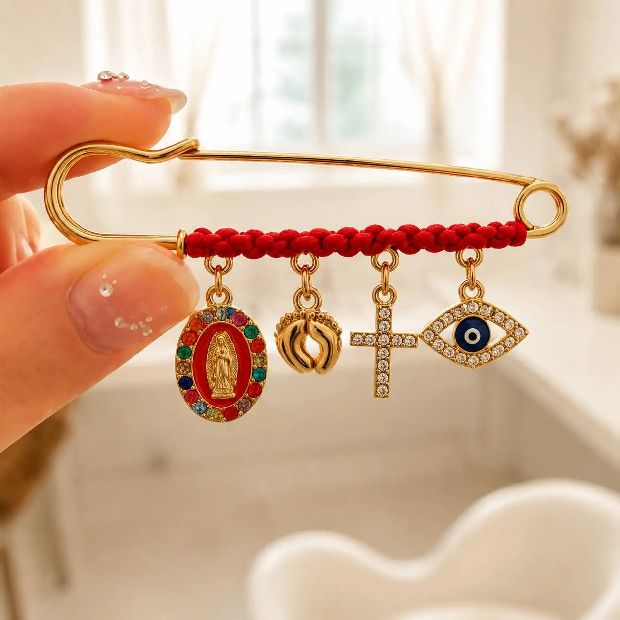 Handmade Maternity Protection Brooch - Stainless Steel Safety Pin with Virgin Mary Cross, Evil Eye Religious Charm, Auspicious Female Figure Accessory, Baby Shower Gift