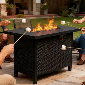 42" Propane Fire Pit Rattan Table 50,000 Btu Gas Fire Pits for Outside Patio w/Lid & Explosion-Proof Blue Glass Stone for Firepit Table forBackyard Evening Gatherings on Deck Gardens