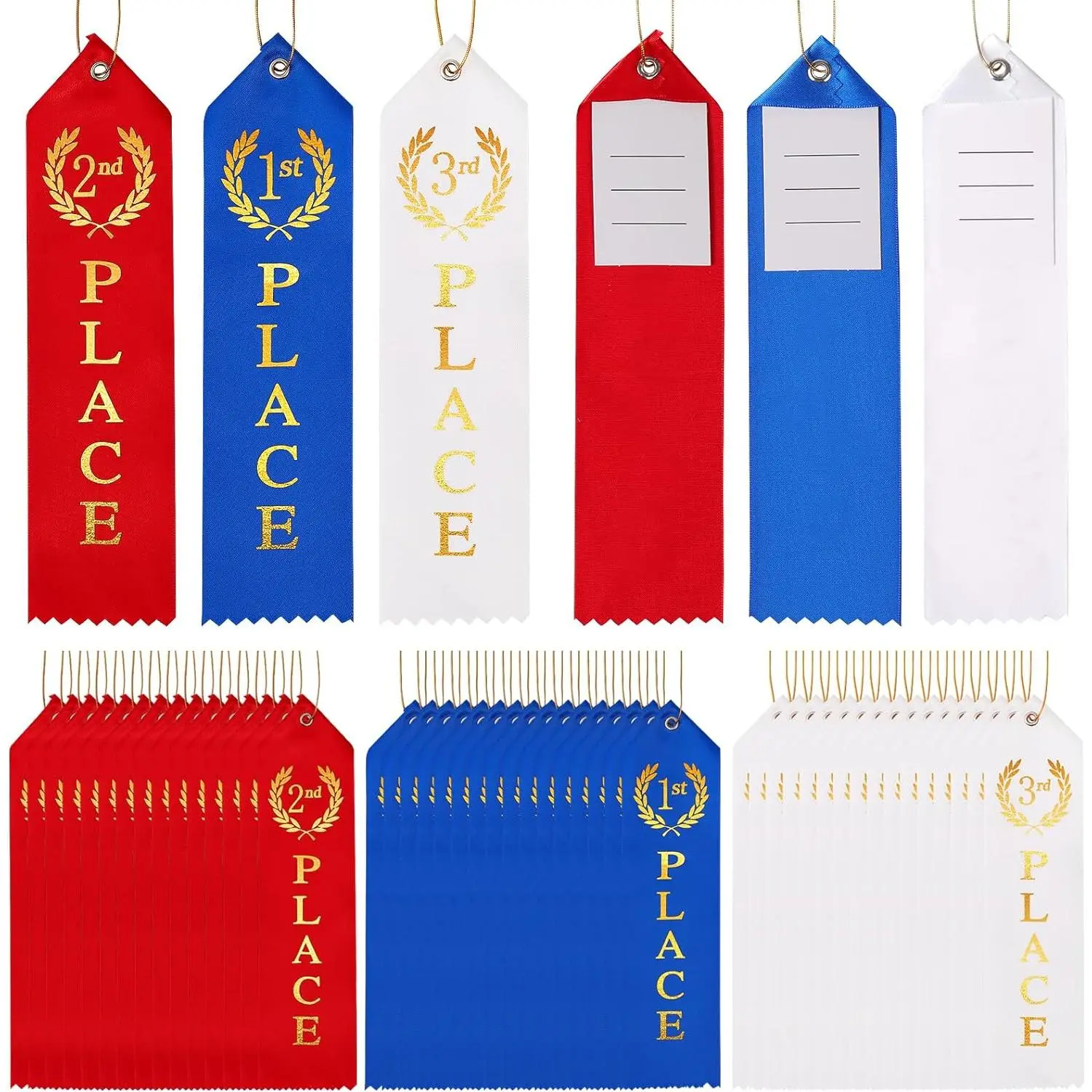 Satin Cloth Award Ribbons - 48 Durable, Fade-Resistant, Multicoloured 1st/2nd/3rd Place Ribbons with Back Event Cards, Gold Rope for Ceremonies, School Competitions