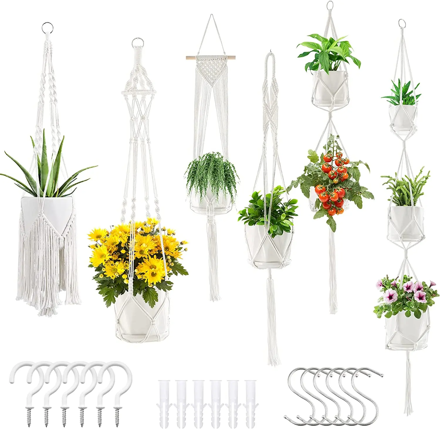 6-Pieces Cotton Macrame Plant Hangers with Decorative Tassels & 4 Leg Strings - Space Saving Hangers with 6 Different-Sized Hooks, Attractive Bohemian Home Decor for Flower Pots & Planters (Indoors, Outdoors Use)