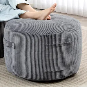Round Stuffed Pouf Ottoman,Corduroy Foot Rest with Rebound Foam Filled, Furry and Fluffy Foot Stool Ottoman, Floor Poufs for Living Room (Gray, 26" D x 26" W x 18" H)