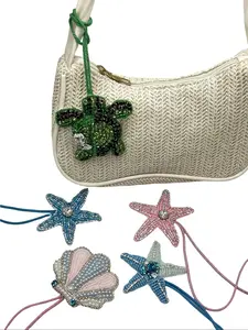 Summer Bag Charm Handmade Beaded Ocean Life Embroidery Shell Turtle Luxury Rhinestone Starfish Pendant for Women Sparkly Bag Charm Purse Accessories Cute Purse Charms