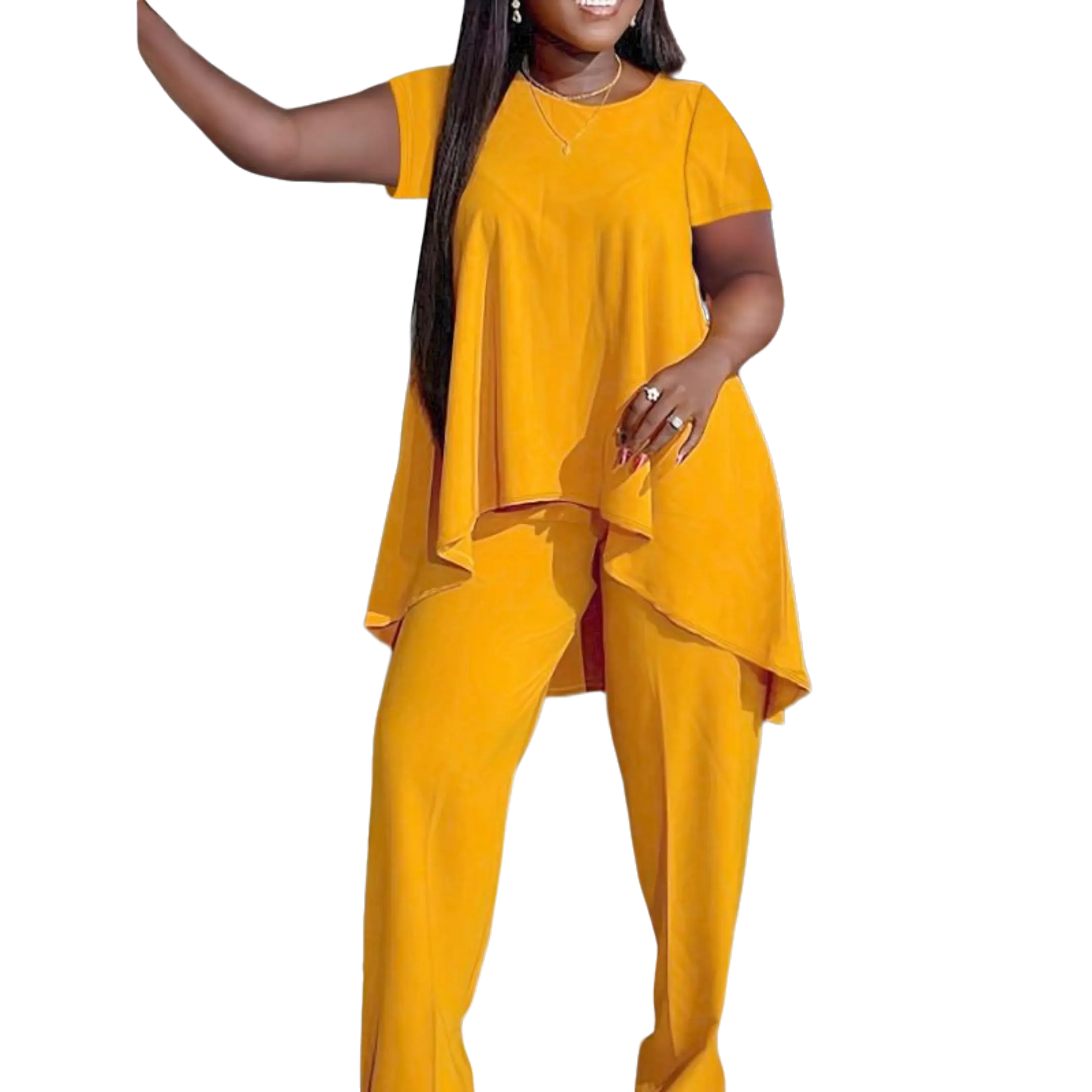 Women's Plus Size Simple Solid Two-piece Set Irregular Hem Crew Short Sleeve Top & Pants Outfits for Curvy Women Casual Wear for Birthdays & Holidays
