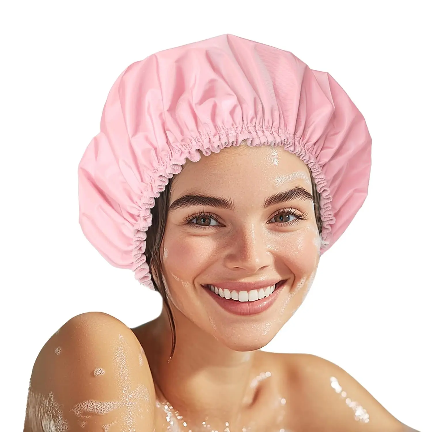 Shower Cap for Women, Double Layer  Bath Cap,  Hair Protector, Large  Shower Bonnet Washable Elastic Band Bath Hair Hat for Long Hair, Braids -
