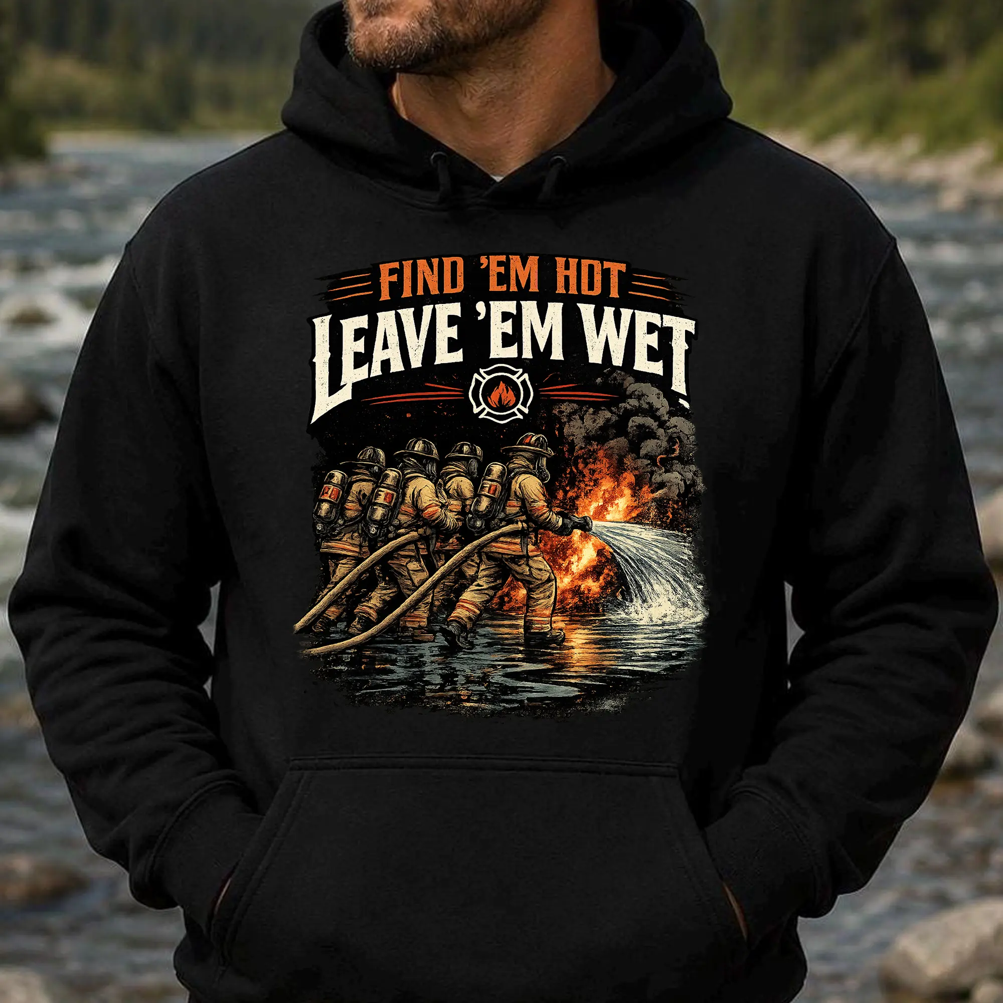 Men's Cotton Blend Graphic Hoodie, Funny Firefighter Hoodie, Find 'Em Hot Leave 'Em Wet Graphic Sweatshirt, Fire Rescue Pullover, First Responder Apparel, Casual Long Sleeve Hoodie