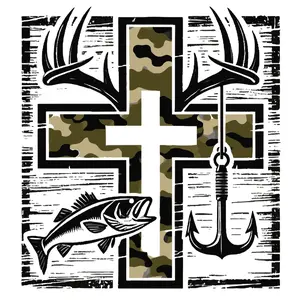 Camo, Cross, deer horns, fish and Hook Direct To Film Print , DTF Print , Ready To Press Print For T-Shirts