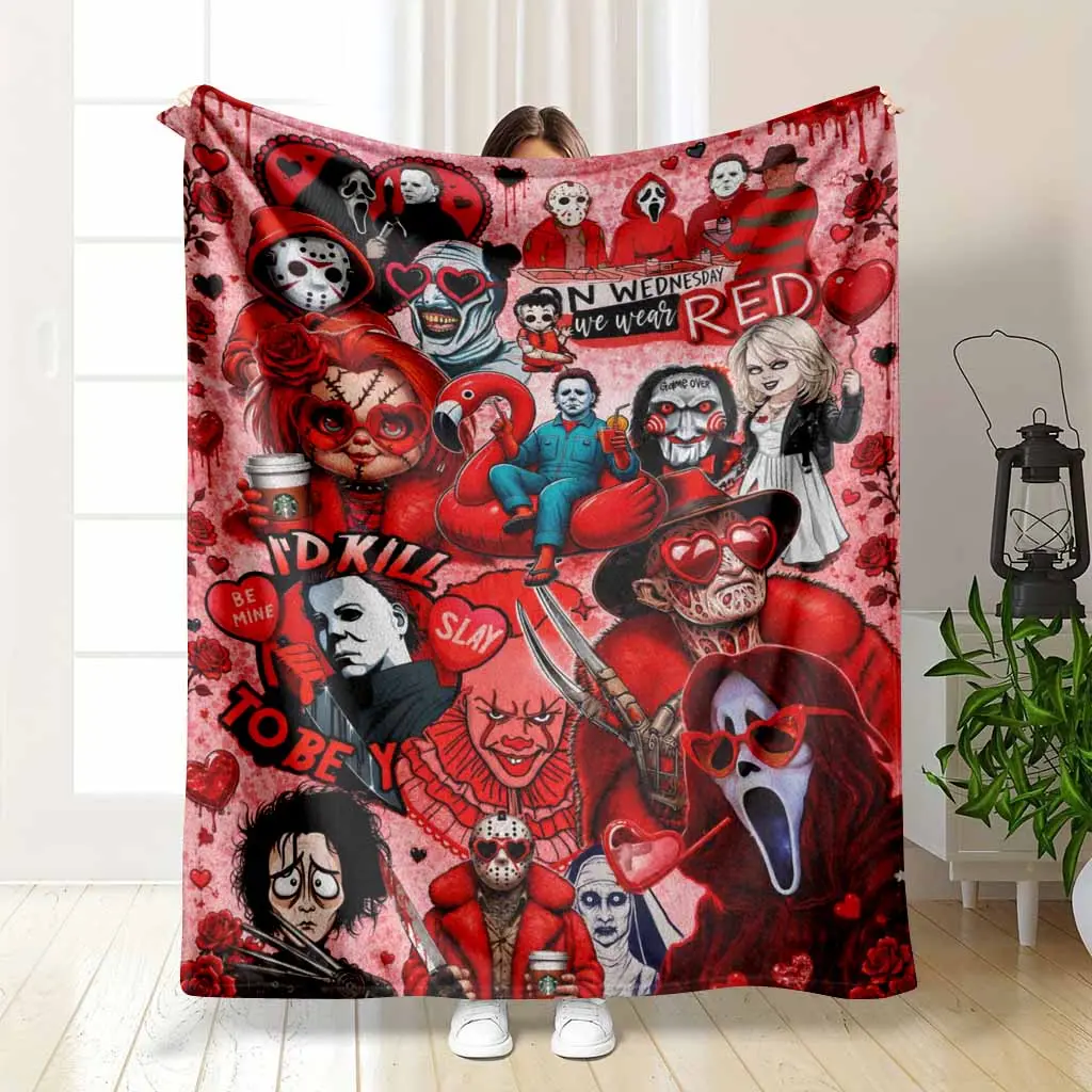 Horror Movie Characters Pattern Flannel Fabric Blanket, Gothic Prints, Multi-Size, Red Aesthetic Gothic Valentine's Day Ultra-Soft Cozy Lightweight Warm Throw for Bedroom, Living Room Home Decor Gift