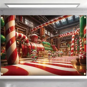 1pc 2D Flat Christmas Candy Factory Elves Photography Backdrop Vibrant Polyester Party Banner for Holiday Wall & Outdoor Decor Perfect for Christmas Eve Celebrations
