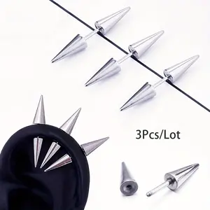 3pcs Punk Long Spike Helix Stud Earrings - 304 Stainless Steel 304 Stainless Steel Ear Piercing for Men, Edgy Elf Ear Accessories for Daily Wear, Parties & Carnival, Party Accessories, Punk Style-G