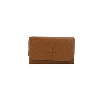 Tory Burch Thea Small Moose Pebble Leather Flat Wallet Crossbody Handbag Brown