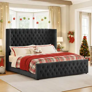 AMERLIFE Bed Frame with 49" Upholstered Wingback Headboard, Platform Bed with Steel Frame and Slip-Resistant Edges, No Box Spring Needed/Best Gift Ideas/Christmas Gifts