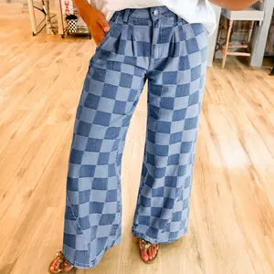 SHAPUM Viral Checkered Denim Pants for Women - High Waisted Wide Leg Trousers, Soft Stretch Comfort