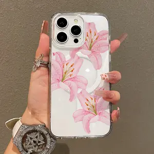 Magnetic Soft Case for iPhone12/13/14/15/16/17promax, Retro pink flowers MagSafe Compatible,Aesthetic Pattern Design Lightweight,y2k cased,AntiScratch,and Trendy