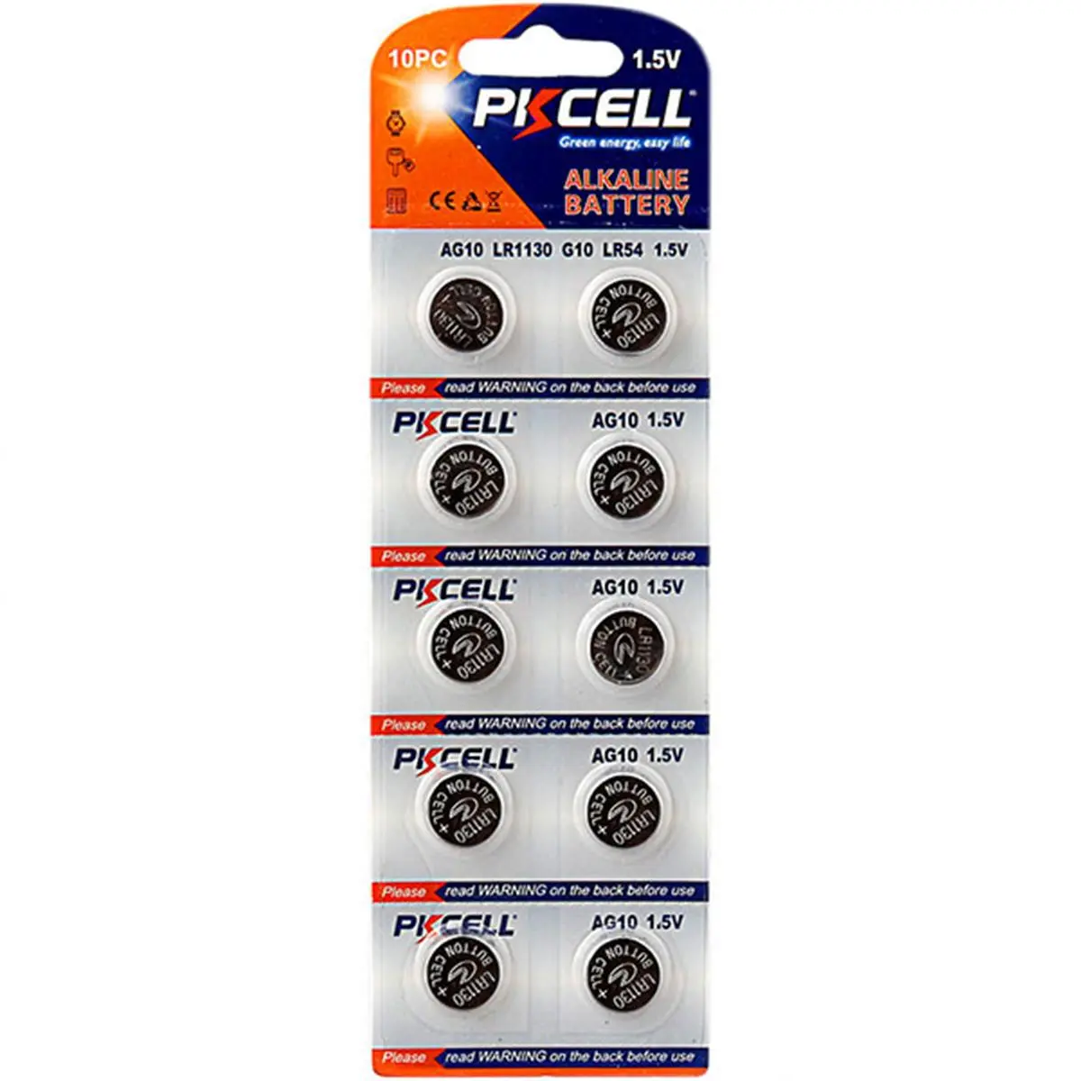 PK Cell AG10-10B 1.5V Alkaline Battery, Pack of 10