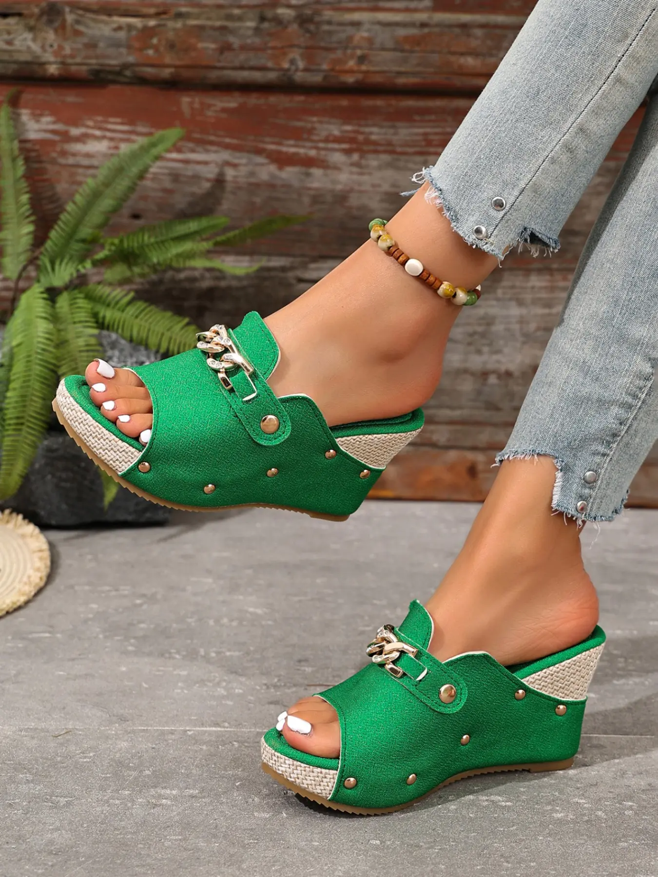 2026 Summer New Women Heeled Sandals, Classy Luxury Rhinestone Chain Decor, Retro Rivet Details, High Heel Grass Mat Bottom, Comfortable & Stylish, Dressy Heeled Sandals, Heeled Footwear