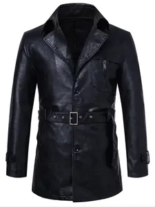 Men's Mid-Length Leather Jacket with Belt, Stylish Single Piece Design, Perfect for Casual Wear & Daily Use, Durable Material, Coats