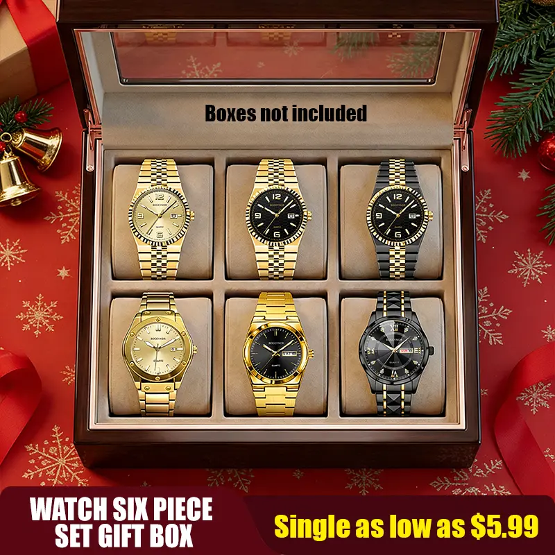 Men's Business Round Quartz Watch Set, Men's Watch Set with Box, Fashionable Men's Wristwatch Set as Gift 6-piece men