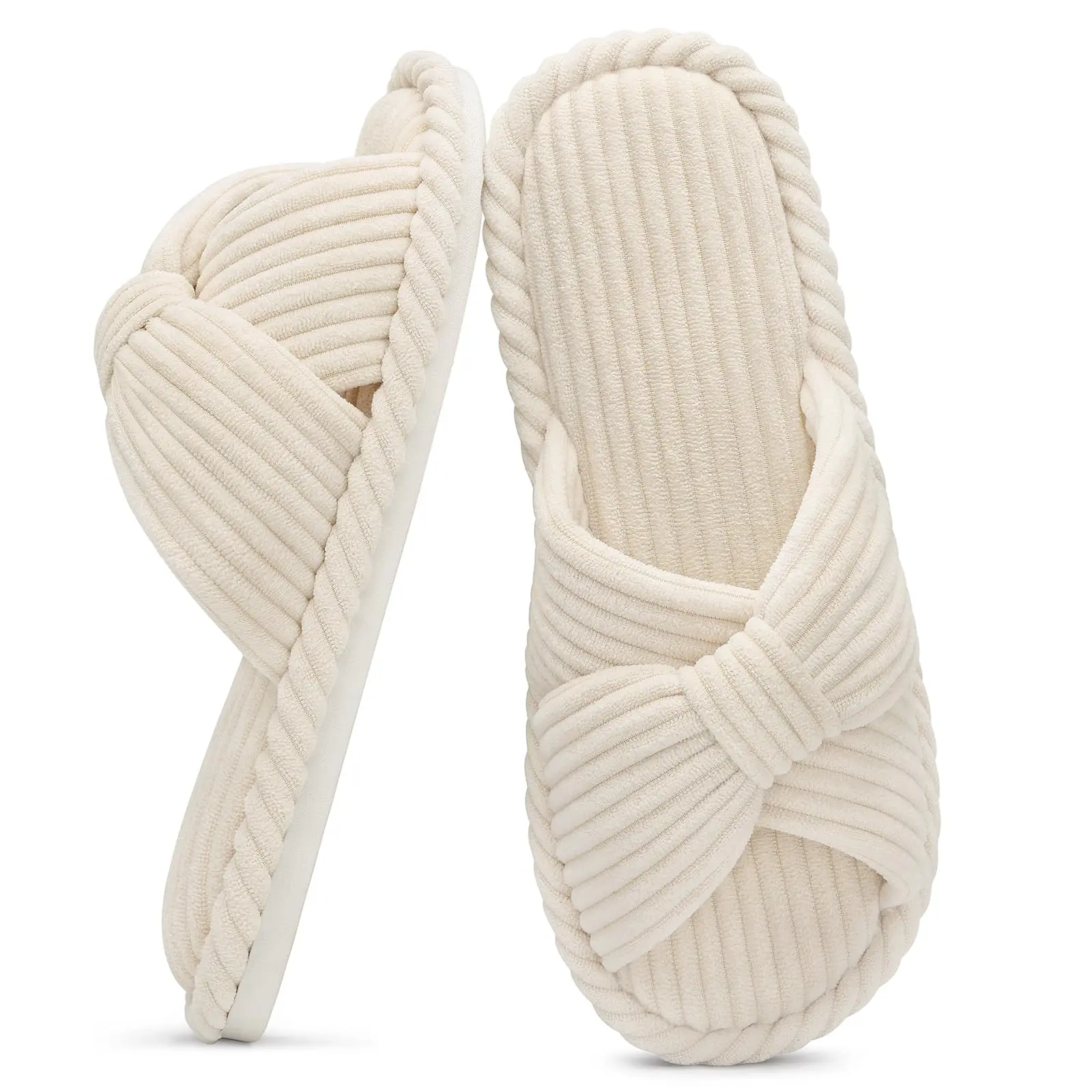 KIDMI Women's Fuzzy Slippers House Slippers for Women Corduroy Cross Bow Indoor Slippers Open Toe Slip On Bedroom Shoes with Memory Foam Footwear Summervibes